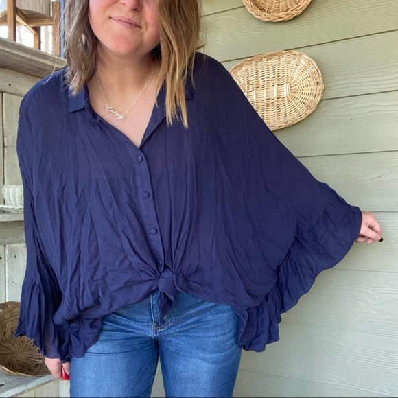 Altar’d State navy blue ruffle poncho top - Picture 3 of 8